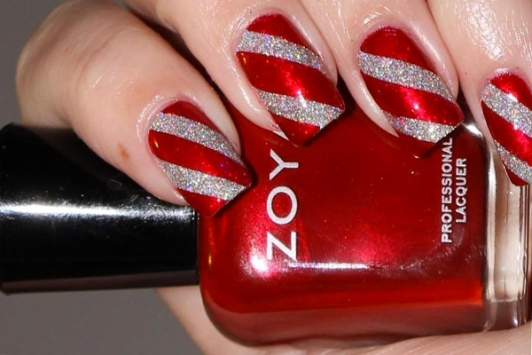 Gorgeous Winter Red Nail Art Designs Stylish Belles Red nail with silver glitter touches Red nail with candy striped silver glitter - Gorgeous Winter Red Nail Art Designs Stylish Belles