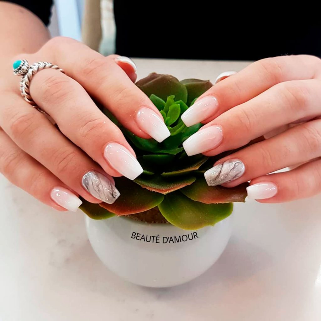 Amazing French Ombré Nail Design! Gorgeous glossy ombre french tip coffin nails with accent marbled nail