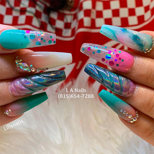 Gorgeous long coffin unicorn powder nails