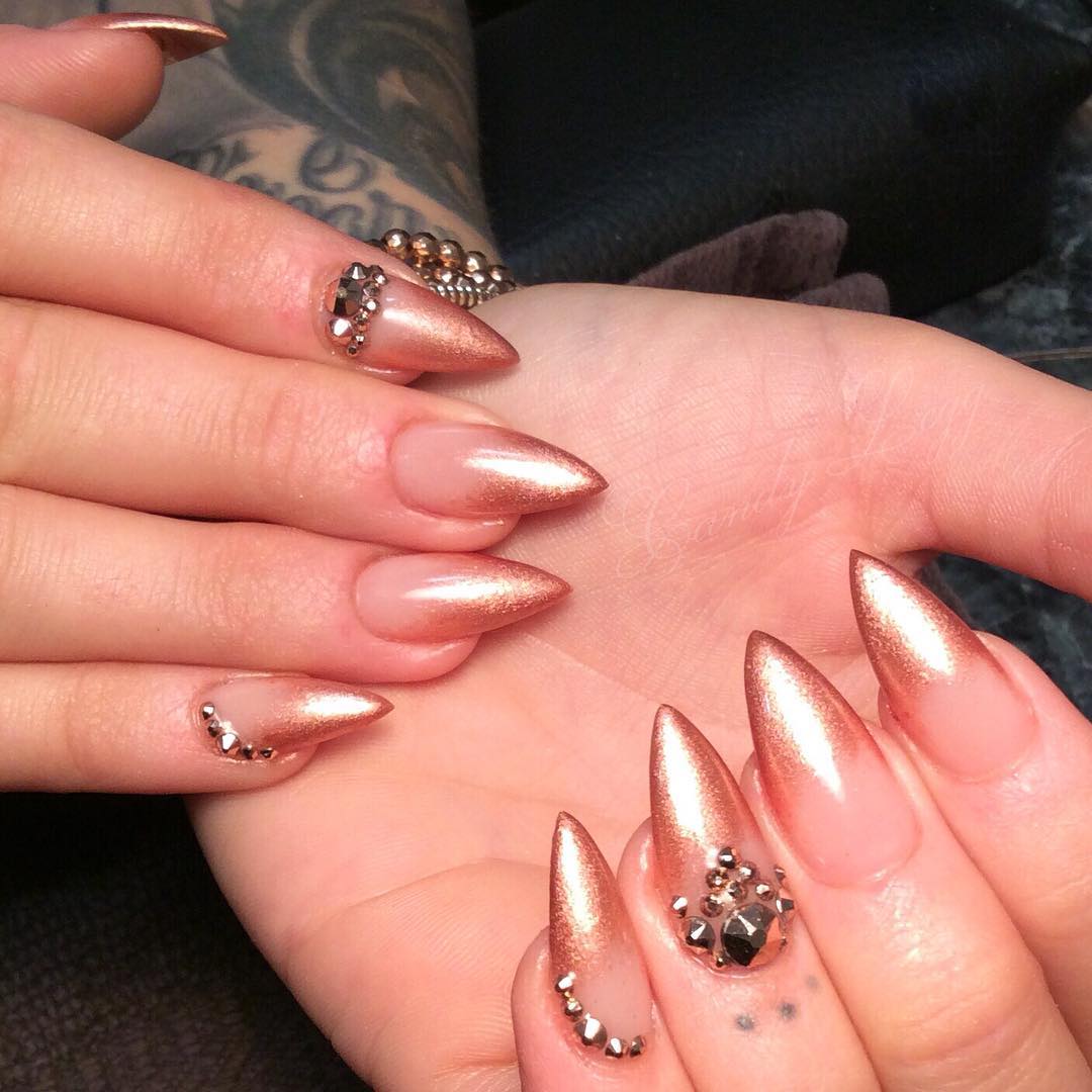 Amazing Nude Stiletto Nails with Rose Gold Chrome Tips