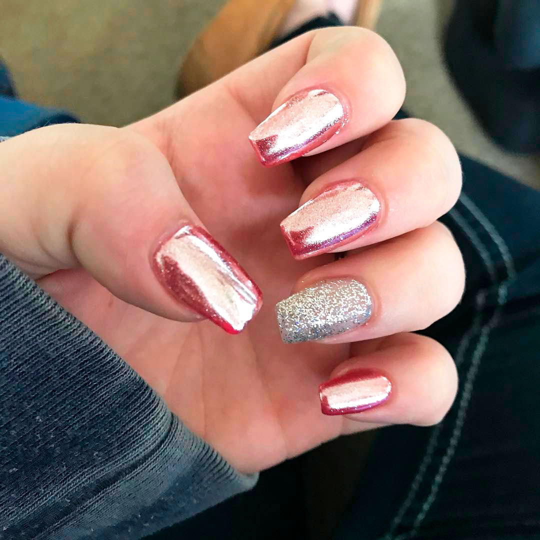 Cute coffin rose gold pink chrome nails