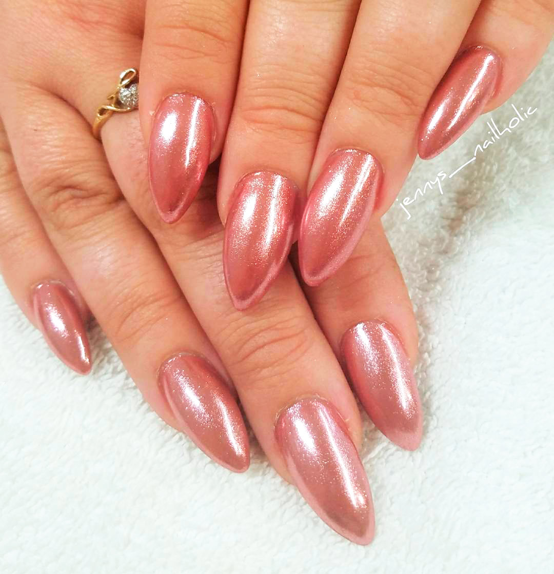 Cute stiletto rose gold chrome nails