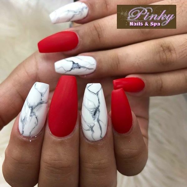 white marble coffin nails with matte red coffin nails!