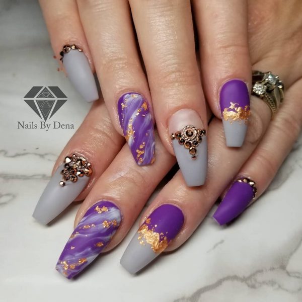 Amazing purple & Grey coffin nails art design with gold glitter & diamonds!