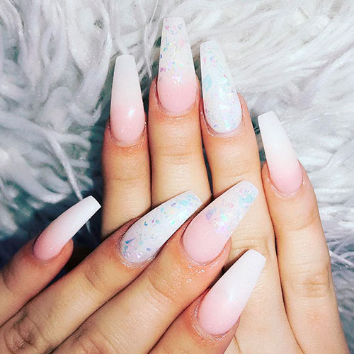 Amazing pink and white ombre coffin nails with colorful foil on two accent nails