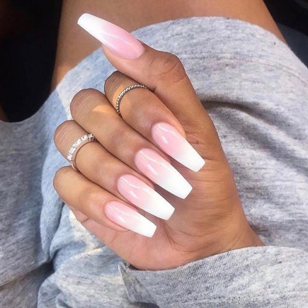 Amazing pink and white ombre coffin nails long with two rings for women