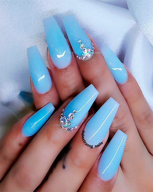 Cute baby blue coffin nails with diamonds