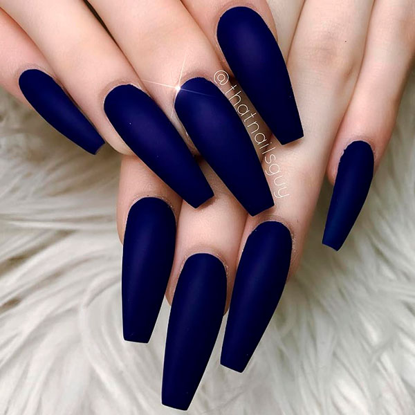Fabulous matte dark blue long coffin shaped nails