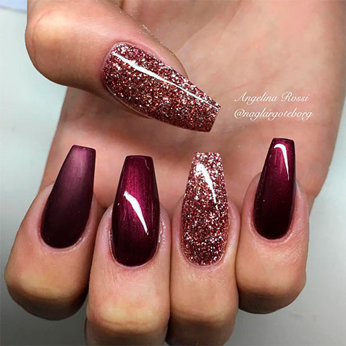 Matte & shiny burgundy coffin nails with glitter nails!