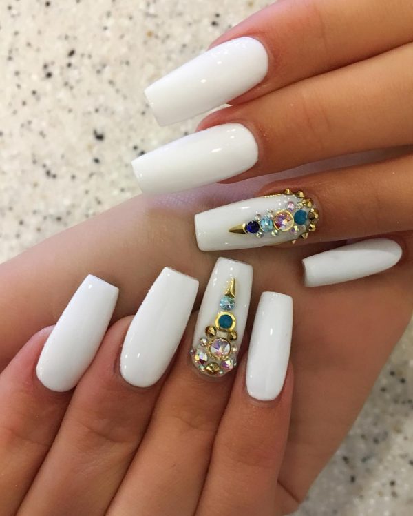 White coffin nails with rhinestones & gems