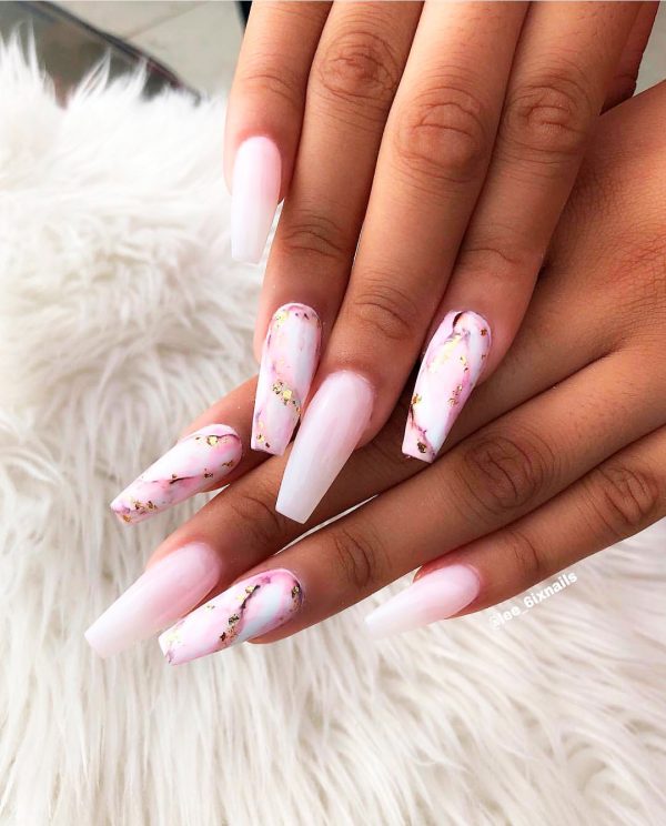 pink marble coffin nails with little glitter with pink and white ombre acrylic nails coffin 