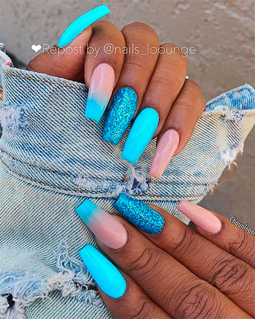 Cute light blue coffin nails with glitter design