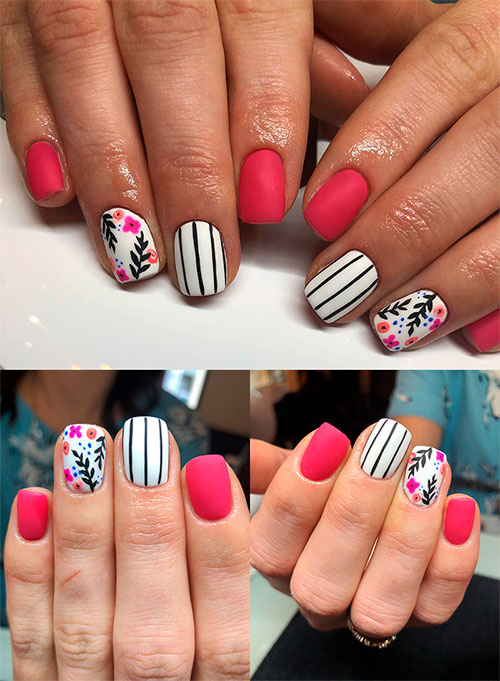 Floral nails, white striped nails, and rose short nails for spring 2019