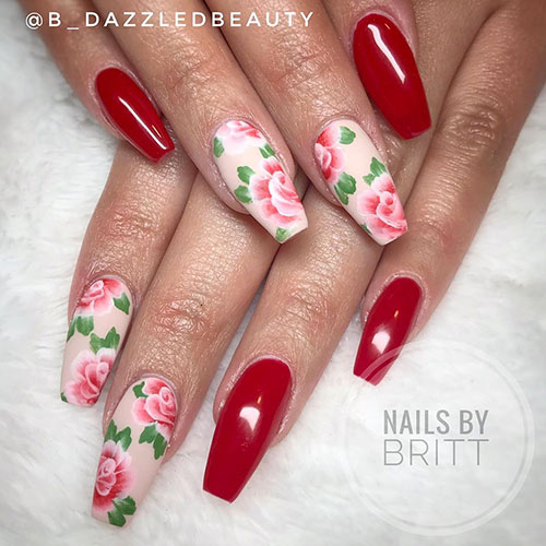Amazing rose floral nails and red nails design for spring 2019