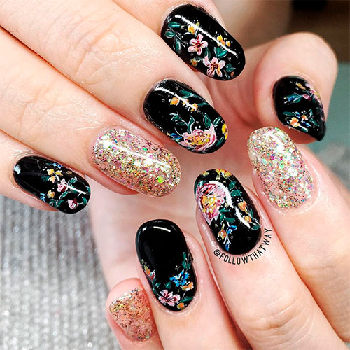 Cute floral Black & Aurora pearl glitter round nails for spring nail art 2019