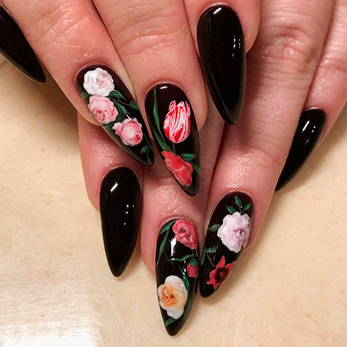 Cute black almond floral nails