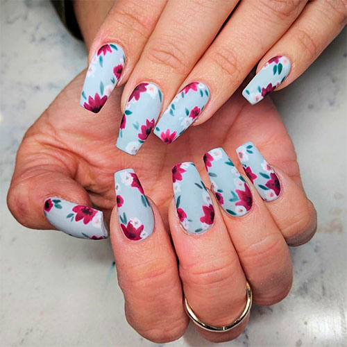 Cute light blue matte coffin floral nails for spring 2019
