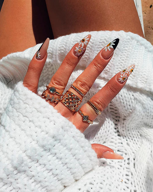 Cute nude floral nails with gold rhinestones for spring 2019