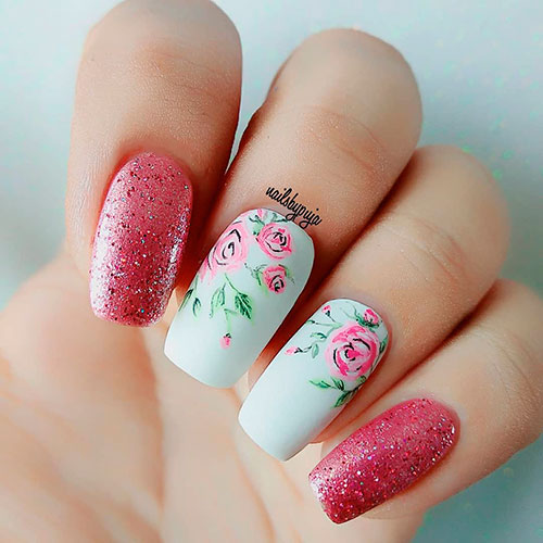 Cute pink freehand floral nails and two beautiful nail decals
