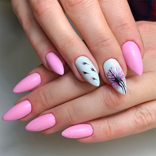 Cute spring almond pink nail art design with white floral nails