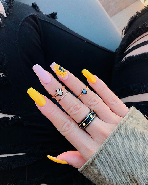 Cute yellow and light pink coffin nails with an accent sunflower nail for spring 2019