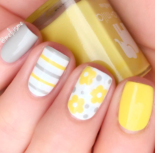 Cute lemon and grey nail art design for summer 2019