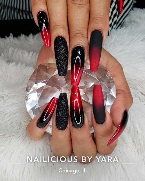 Amazing ombre red nails with black glitter accent nail design, Black and Red Nails