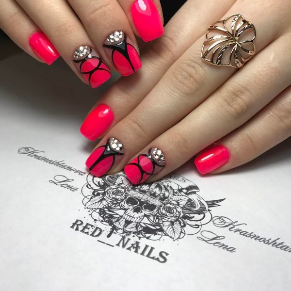 Awesome red nails with black nail polish and gold glitter design, Black and Red Nails
