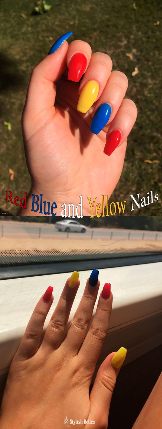 Beautiful Coffin Shaped Red Blue and Yellow Nails Ideas!