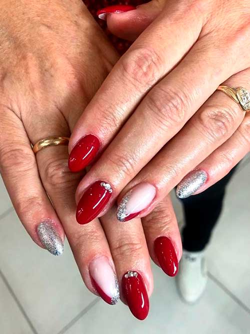 Cute almond dark red nails with an accent silver glitter nail and French tip nail, Red and Silver Nails