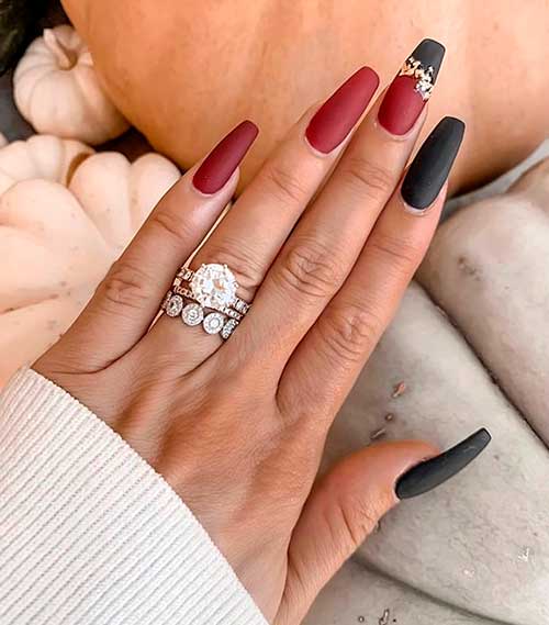 Cute matte red and black coffin nails design, Black and Red Nails