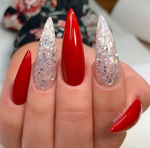 red and silver nails stiletto shape, Christmas nails