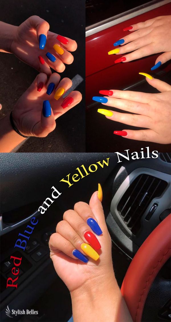Gorgeous Coffin Shaped Red Blue and Yellow Nails Ideas!