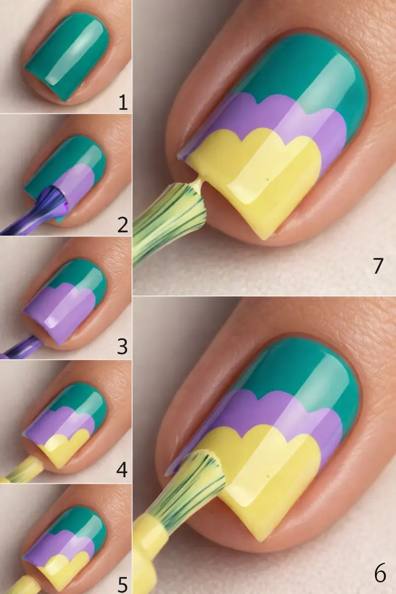 Green Purple Yellow Manicure - Three steps Easy Nail Art Design tutorial in 7 Steps