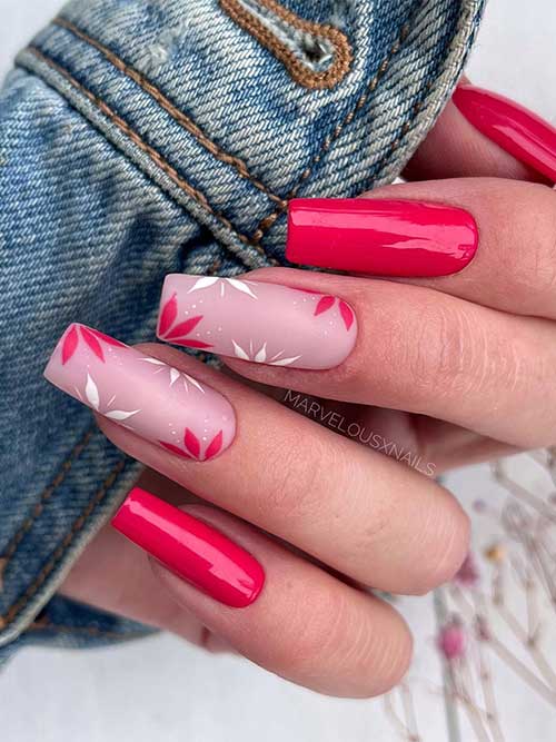 Long Square Shaped Red Gel Nails with Floral Nail Art on Two Accent Nails