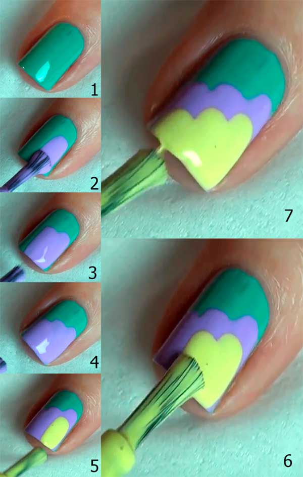 Green Purple Yellow Manicure - Three steps Easy Nail Art Design tutorial in 7 Steps