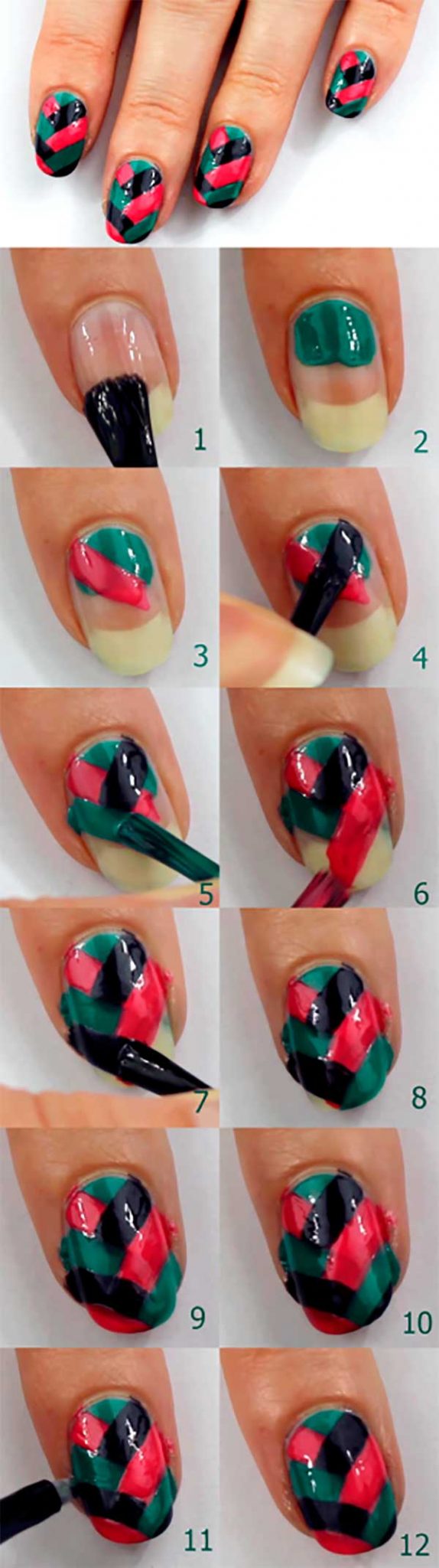 Green Red and Black Twisted Easy Nail Art Design Tutorial in 12 Steps for Beginners