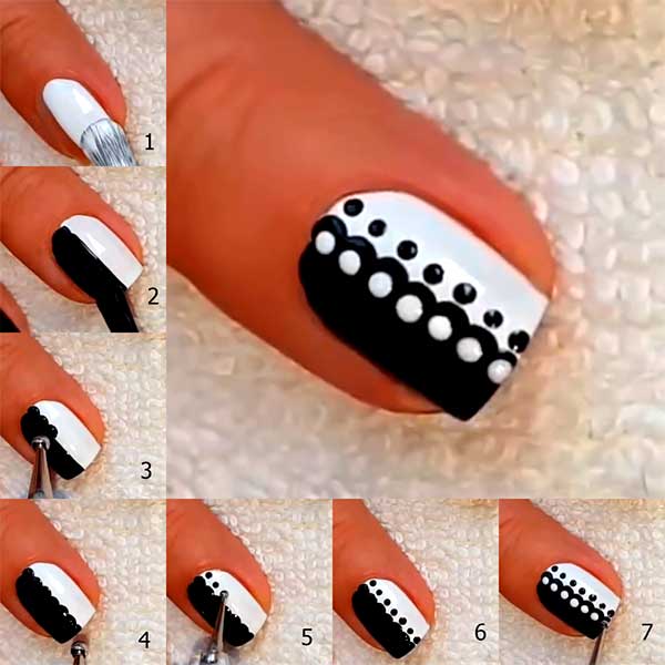 White and Black Polka Dot Easy Nail Art Design Tutorial in 7 Steps for Beginners