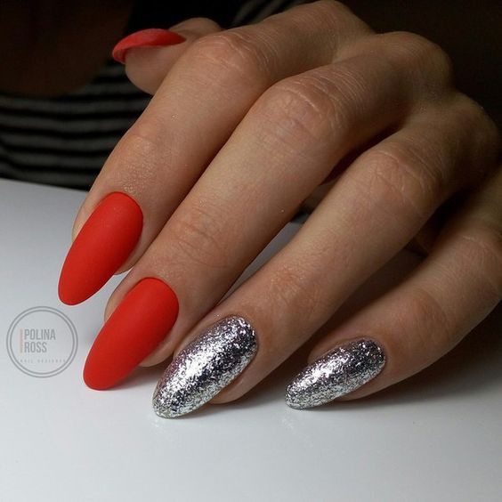 Matte red and silver acrylic nails idea, orange Red and Silver Nails
