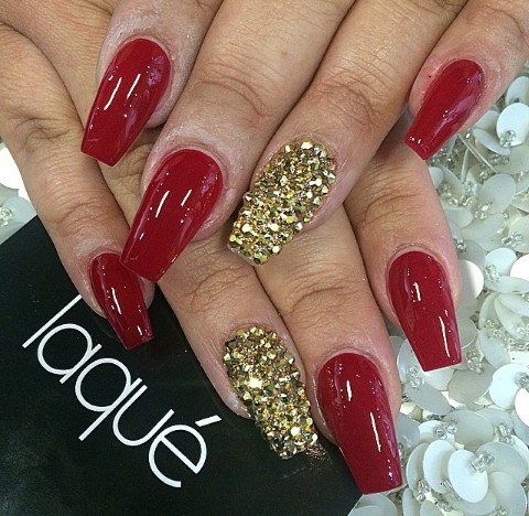 Red nails with gold rhinestones, red and gold nails