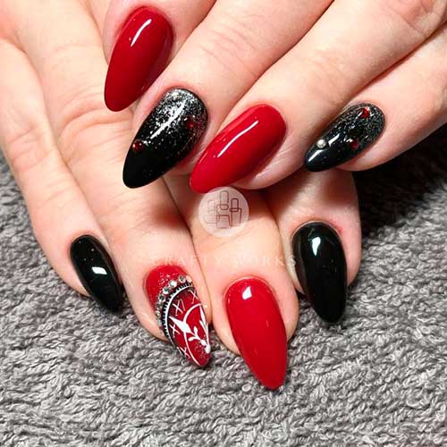 Cute red and black nails with rhinestones idea, black and red nails