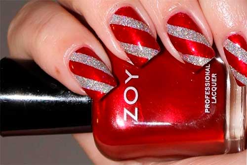 Red nail with candy-striped silver glitter, Red and Silver Nails