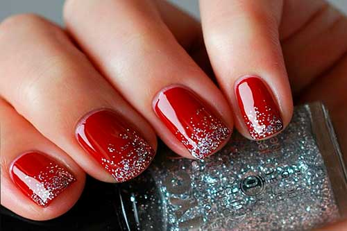 Red nail with silver glitter touches Fancy short Red and Silver Nails
