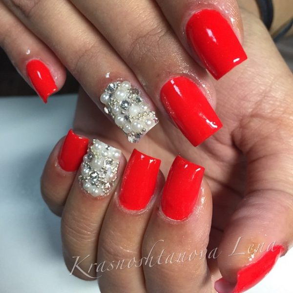 Red nails with white and silver rhinestones, Red and White Nails