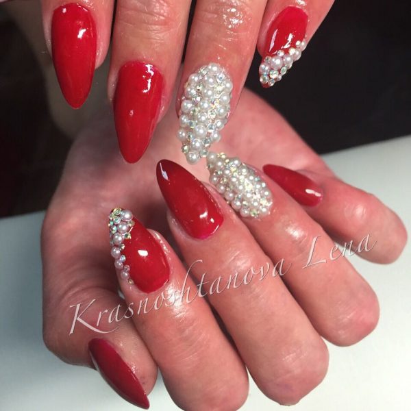 Red nails with white rhinestones, Red and White Nails