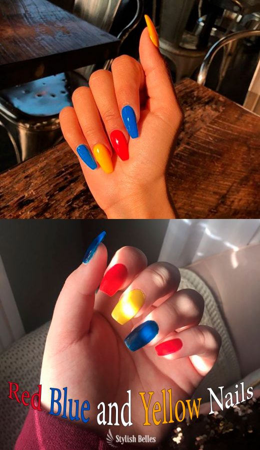 Stunning Coffin Shaped Red Blue and Yellow Nails!