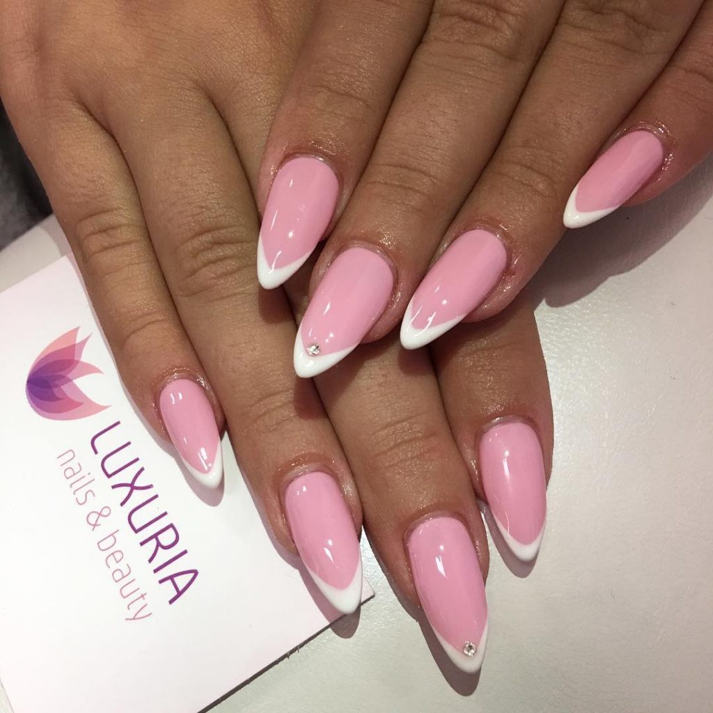 Pretty Awesome Pink Almond French Manicure Idea with White Tips and A Crystal on Middle Fingernail
