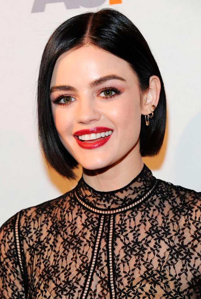 Lucy Hale with a sleek and straight elegant short bob haircut