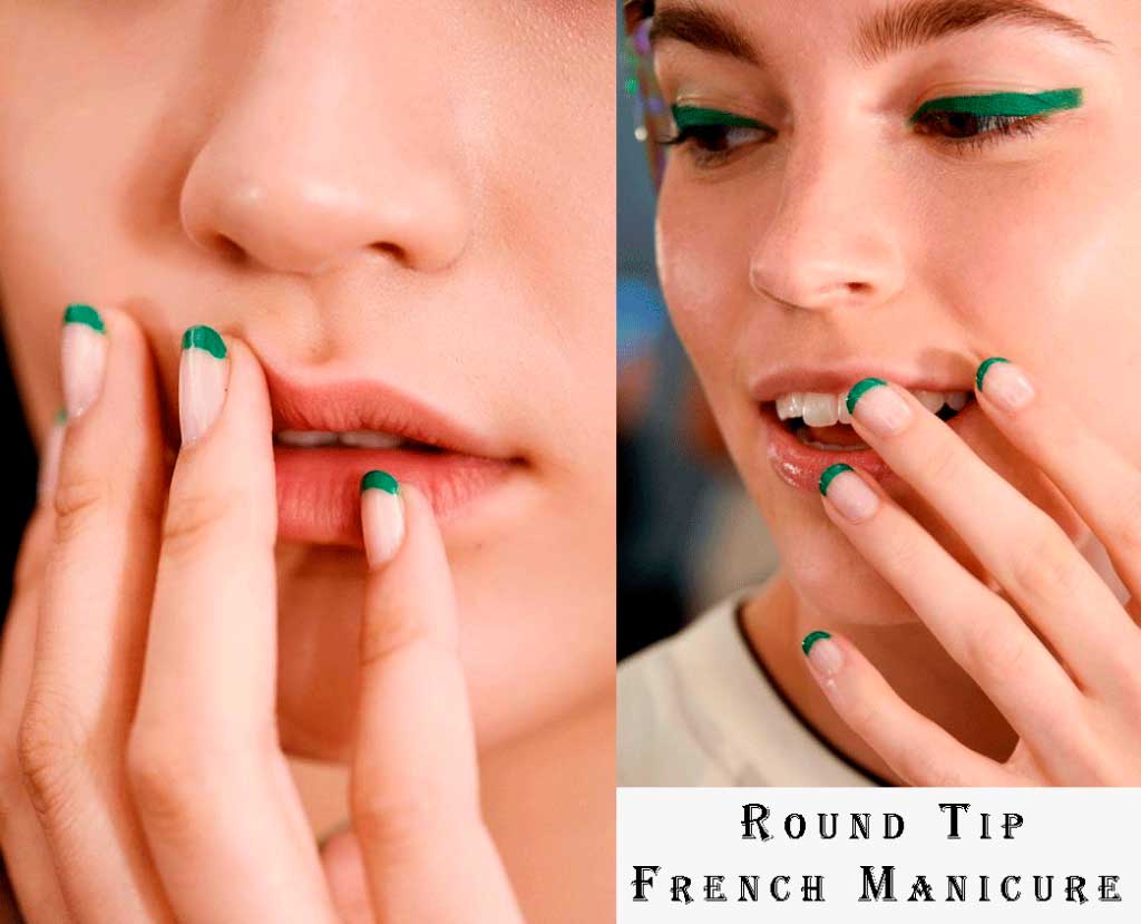 Green round French tip nails design