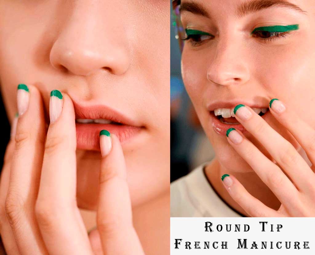 Green round French tip nails design Green round French tip nails design